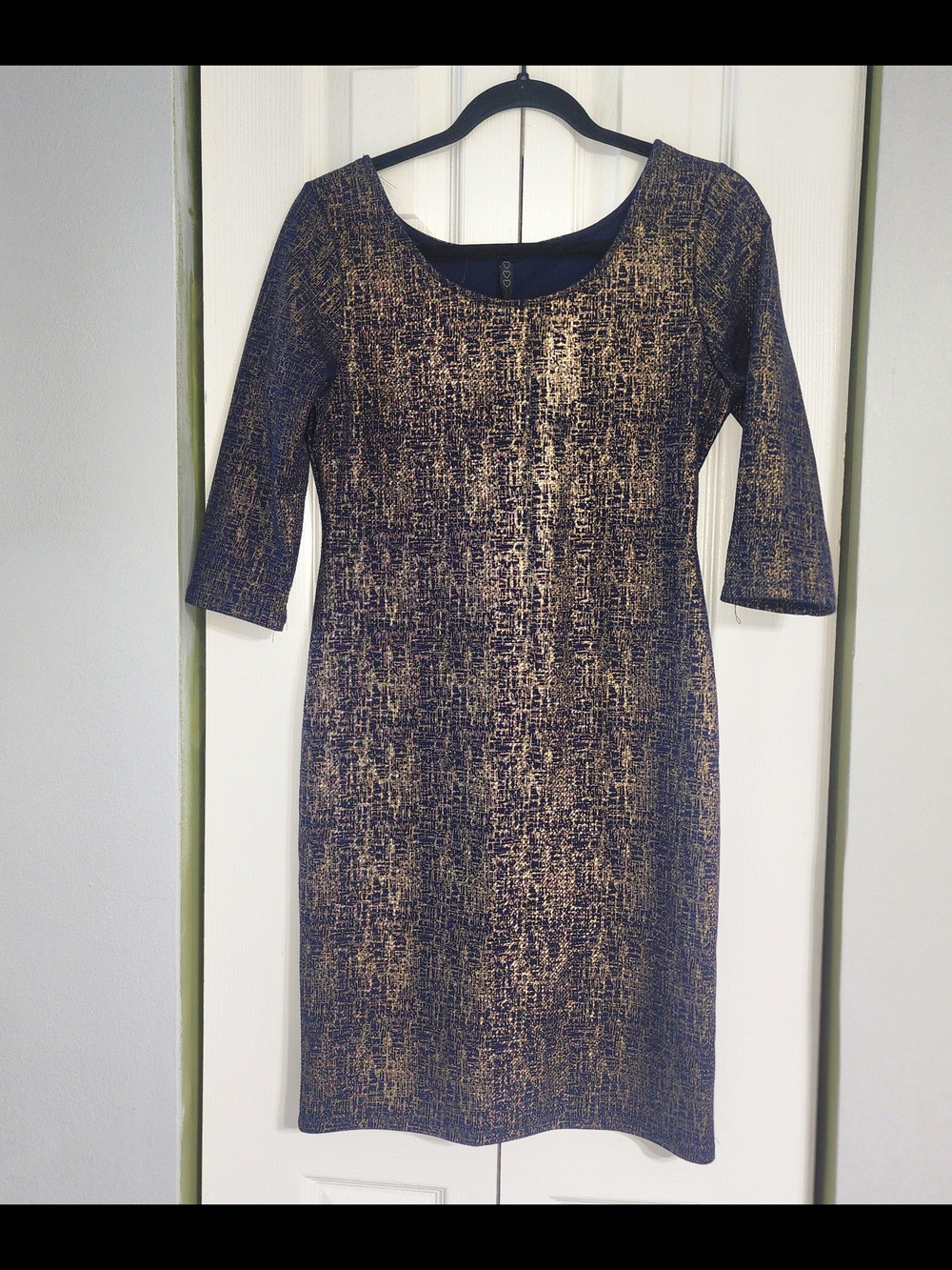 Navy and Gold Textured Long-Sleeve Sheath Dress Size L